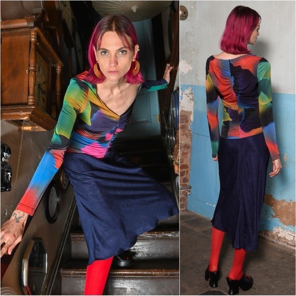 UNTITLED IN MOTION 90s Abstract Print Ruched V-Neck Long Sleeve Slim Fit Top S - Picture 4 of 14